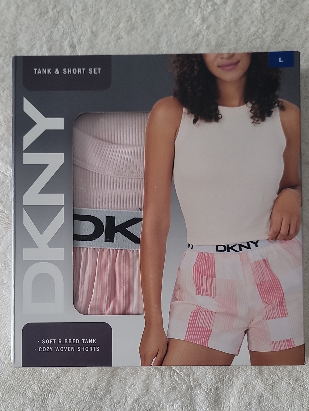 Dkny Pink Ribbed Tank & Patterned Short Sleep Set